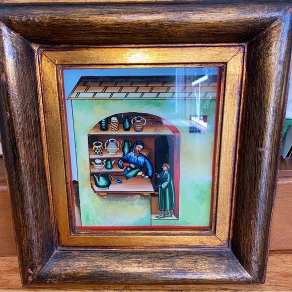 Oil Reversible Art Work glass Painting Mid evil Vintage signed framed